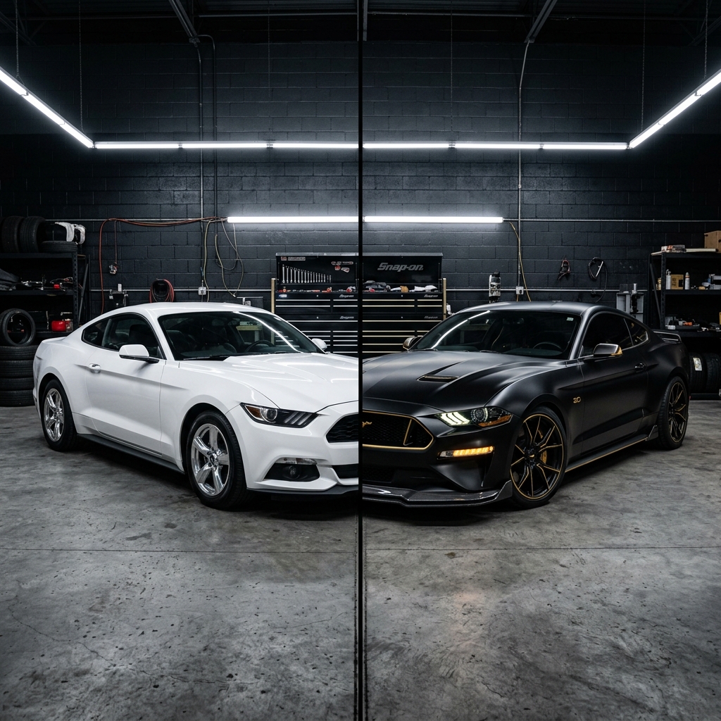 Split screen showing before and after restyling with consistent garage layout