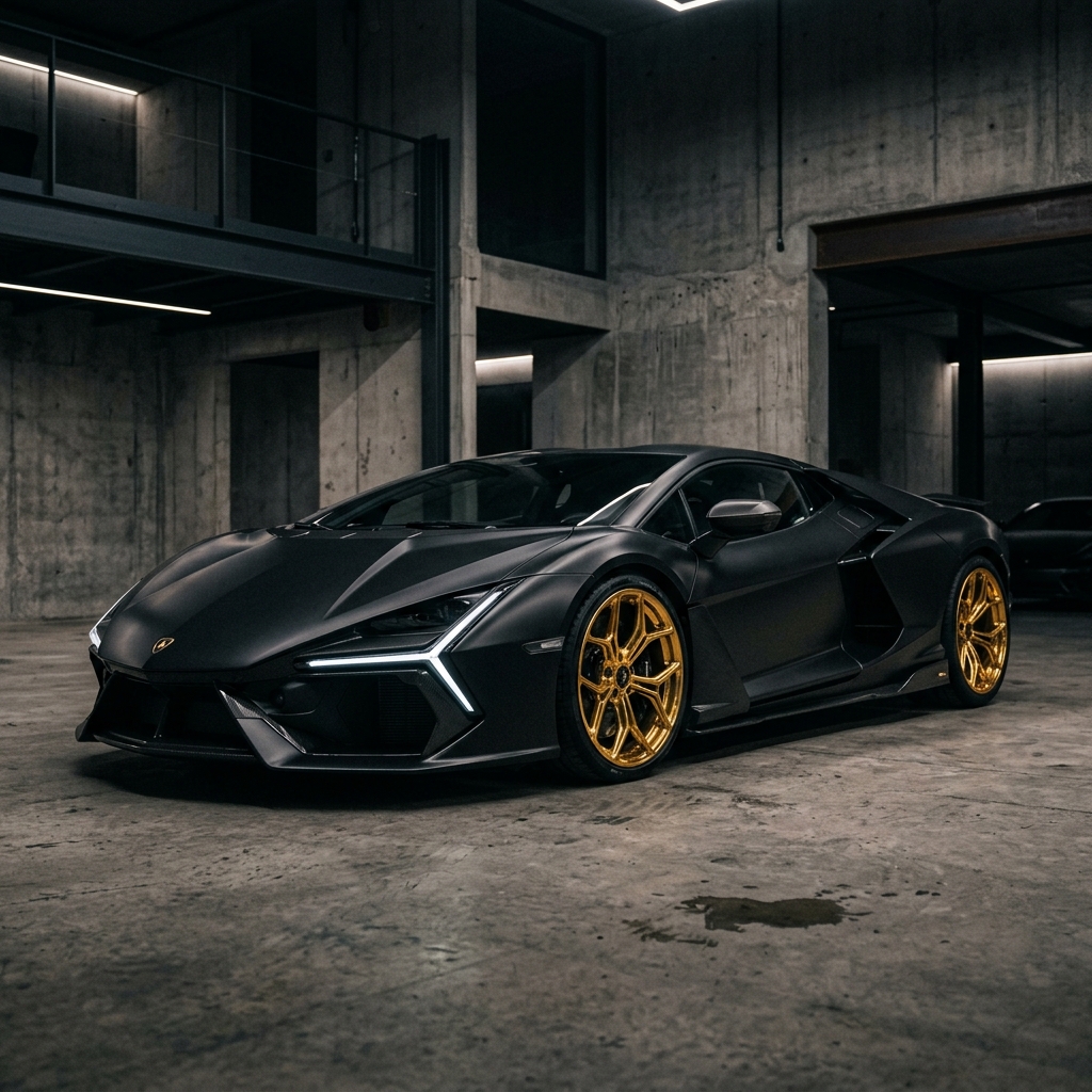 High-end matte black car with gold wheels