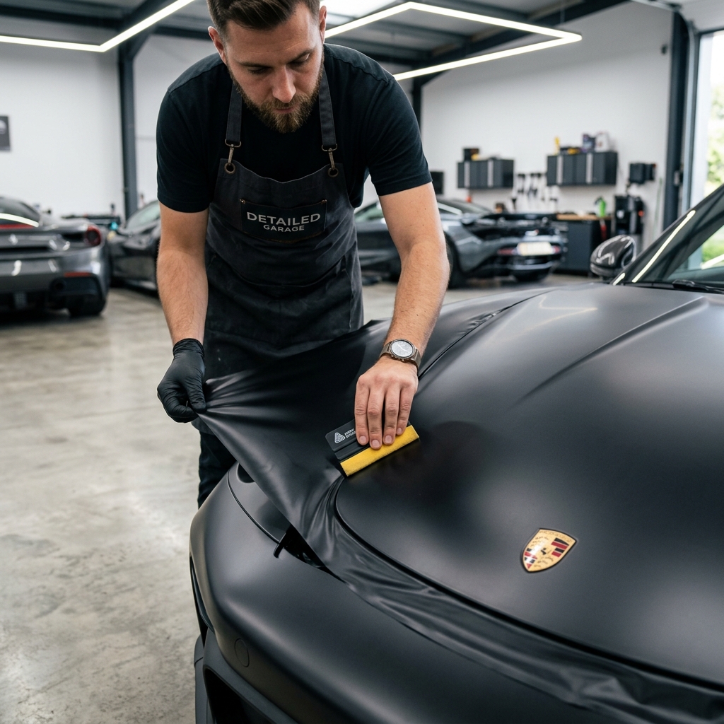 Professional vinyl wrap installation on a luxury car